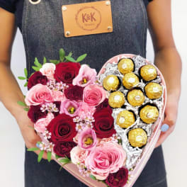 Flowers & Ferrero Heart Box Pink And Red