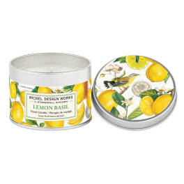 Lemon basil travel candle in a metal tin with a matching lid