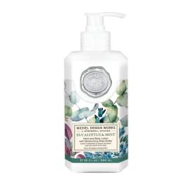 Bottle of eucalyptus and mint hand lotion with floral label