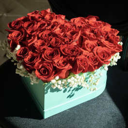 Heart-shaped box filled with red roses and white baby's breath