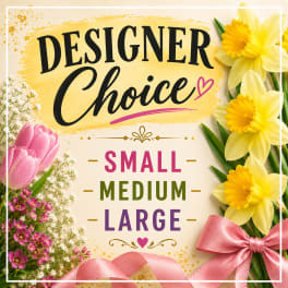 Designer Choice floral sign with pink and yellow flowers and a pink ribbon