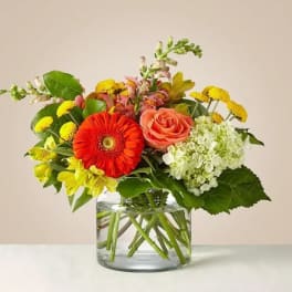 Mixed bouquet with a coral rose, red gerbera daisy, and yellow flowers in a glass vase