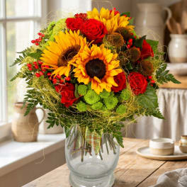 Bouquet of sunflowers and red roses in a clear glass vase