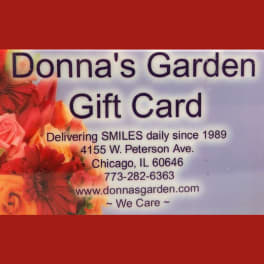 Donna's Garden gift card with red and pink flowers