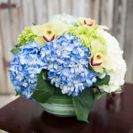 Blue and white hydrangeas with pale orchids in a striped bowl vase
