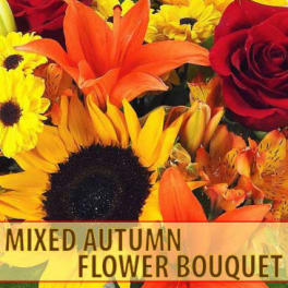 Mixed bouquet with sunflowers, roses, lilies, and yellow daisies in autumn colors