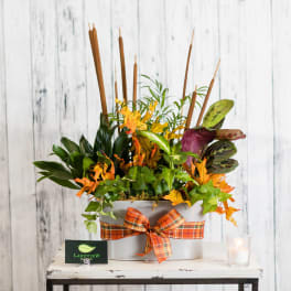 Fall planter with mixed foliage in a gray container and plaid ribbon