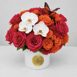Pink and orange roses with white orchids in a white hat box