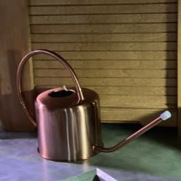 Copper watering can with a long spout on a countertop