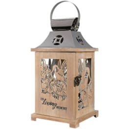 Wooden lantern with floral cutouts and a metal top handle