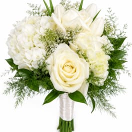 White rose and hydrangea bouquet with green filler and ribbon wrap