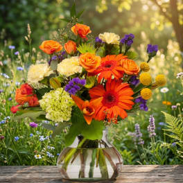 Mixed bouquet of orange, yellow, purple, and white flowers in a glass vase