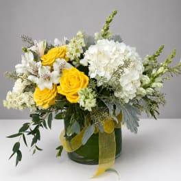 Yellow roses and white hydrangeas in a glass vase with a yellow ribbon