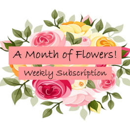 Illustrated floral wreath with pink and yellow roses behind text banners