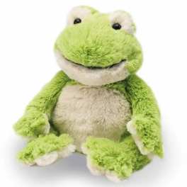 Green and white plush frog toy sitting upright