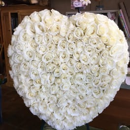 Heart-shaped arrangement of white roses on an easel