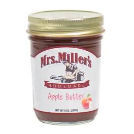 Jar of Mrs. Miller's Homemade Apple Butter with gold lid and white label