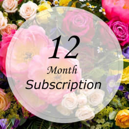 Colorful rose bouquet with a "12 Month Subscription" overlay