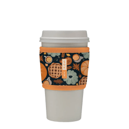 White takeaway coffee cup with a pumpkin-pattern sleeve