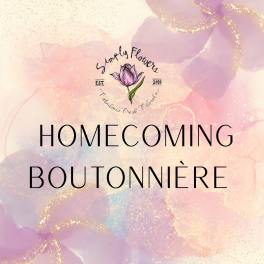 Homecoming boutonniere graphic with a pink floral logo on a pastel background