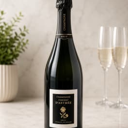 Bottle of brut champagne beside two filled flutes