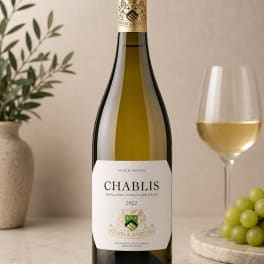 Bottle of Chablis wine beside a glass of white wine and grapes