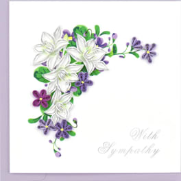 White and purple floral card with a sympathy message