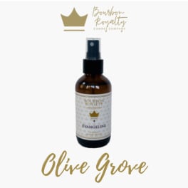 Amber spray bottle labeled Bourbon Royalty Olive Grove.