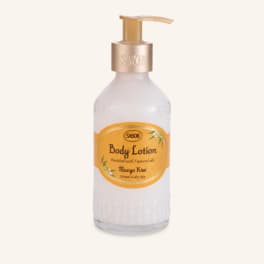 Bottle of Sabon mango kiwi body lotion with a pump dispenser