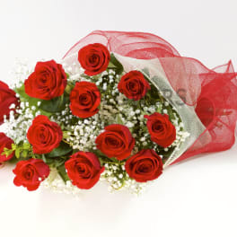 Bouquet of red roses wrapped in red mesh with baby's breath