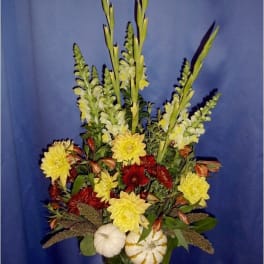 Tall rust mum Autumn arrangement with pumpkins