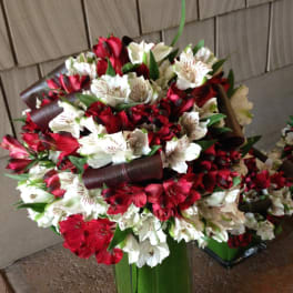 Bouquet of red and white alstroemeria flowers in a tall green vase