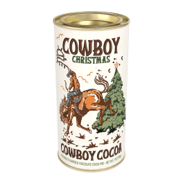 Tin of Cowboy Christmas cocoa mix with a cowboy illustration