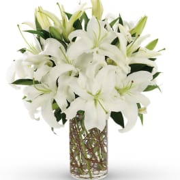 White lilies arranged in a clear glass vase