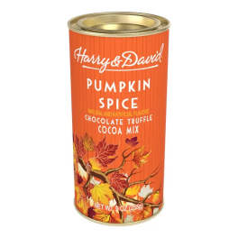 Orange Harry & David pumpkin spice cocoa mix tin with autumn leaves