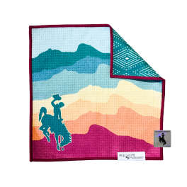 Folded patterned textile with a cowboy silhouette and multicolor stripes