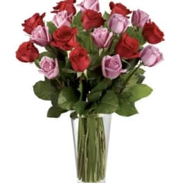 Tall bouquet of red and lavender roses in a clear glass vase