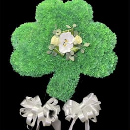 Green clover-shaped floral arrangement with white orchids and ribbons