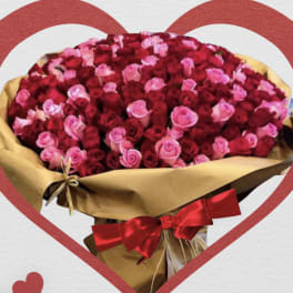 Large bouquet of red and pink roses wrapped in brown paper with a red bow