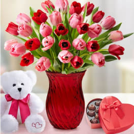 Pink and red tulips in a red vase with a teddy bear and heart-shaped chocolate box