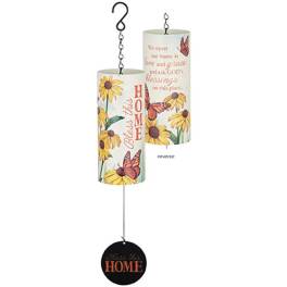 Two hanging home decor cylinders with sunflower and butterfly designs