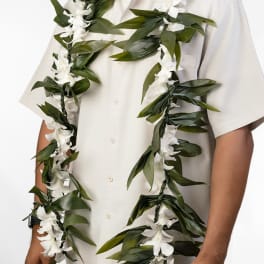 Long white orchid and green leaf lei worn over a light short-sleeve shirt