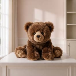 Brown teddy bear plush sitting on a white table