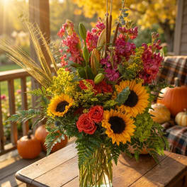 Sunflower and rose arrangement in a glass vase with autumn accents