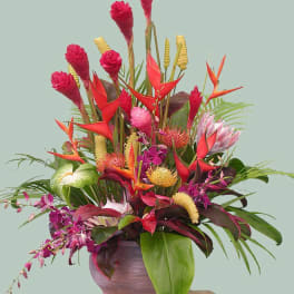 Tropical flower arrangement in a round vase with pink, red, and orange blooms