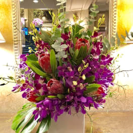 Purple orchids and red protea in a white square vase