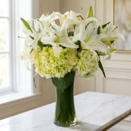 White lilies and pale green hydrangeas in a tall glass vase