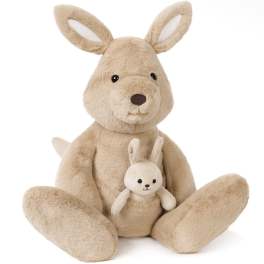 Plush tan kangaroo with a small bunny in its pouch