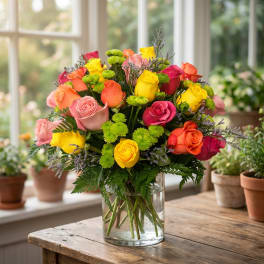 Mixed bouquet of colorful roses in a clear glass vase