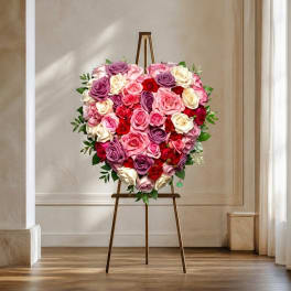 Heart-shaped rose arrangement on a stand with pink, red, purple, and cream blooms